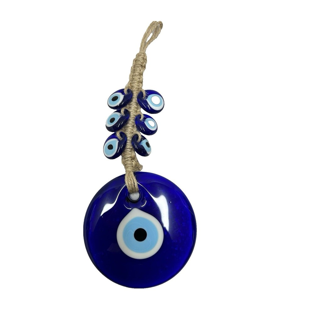 5" Glass Blue Evil Eye 12" Wall Hanging Ornament + 6 Evil Eyes Macrame Turkish